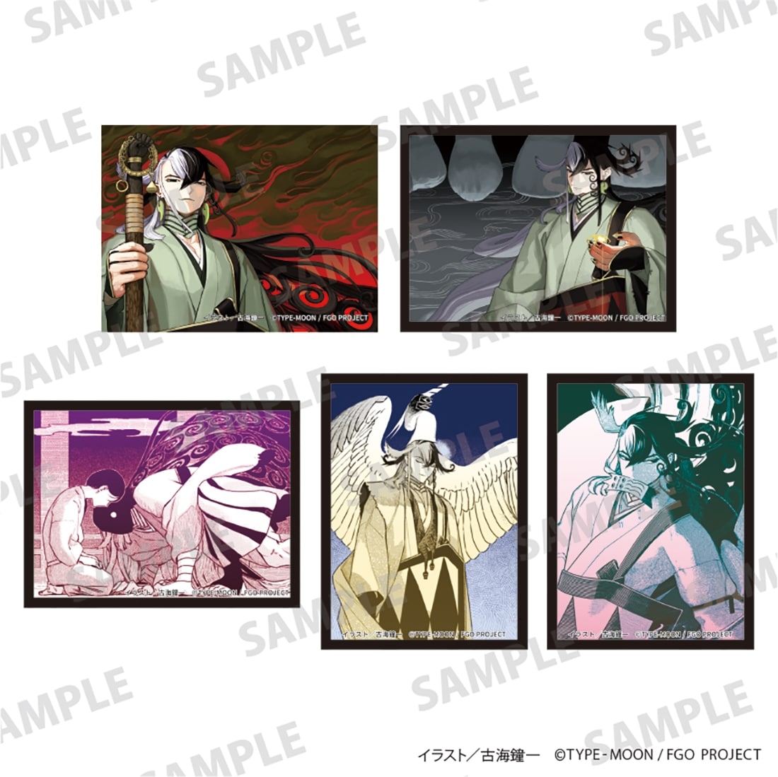 Layout of five illustrated stickers from the Fate/Grand Order trading sticker set shown on a white background with SAMPLE watermark.