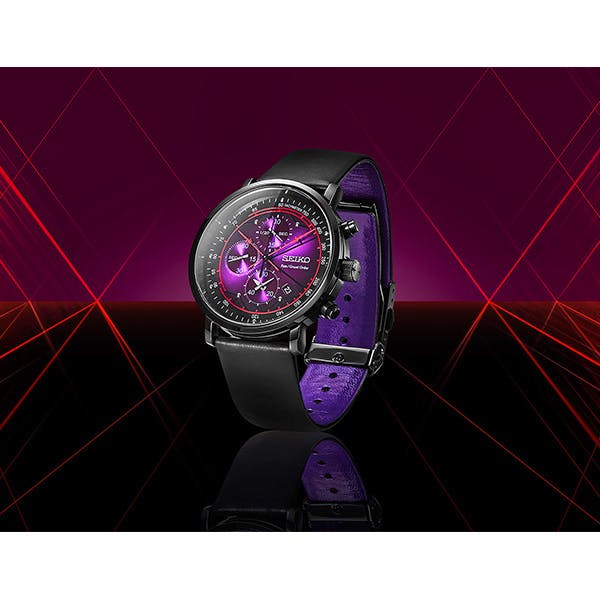 Fate/Grand Order original Servant watch Lancer/Scáthach model with a purple dial and black leather strap displayed against a dark geometric background.