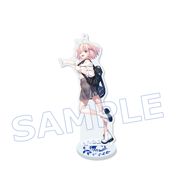 A clear image of an acrylic character stand showing a pink-haired character wearing a skirt and backpack on a round display base.