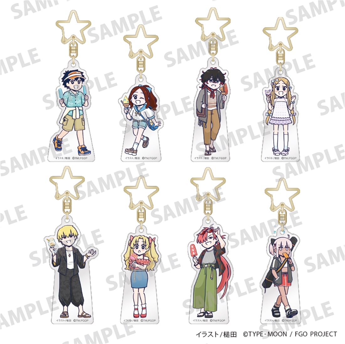 Eight Fate/Grand Order trading acrylic keychains with character illustrations and star-shaped metal key rings shown on a white background.