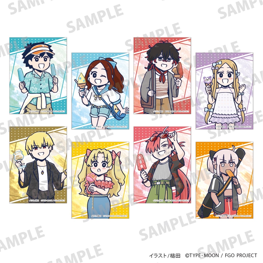 Nine chibi-style illustrated trading stickers from Fate/Grand Order arranged in a 3x3 grid, each character holding a snack or ice cream.