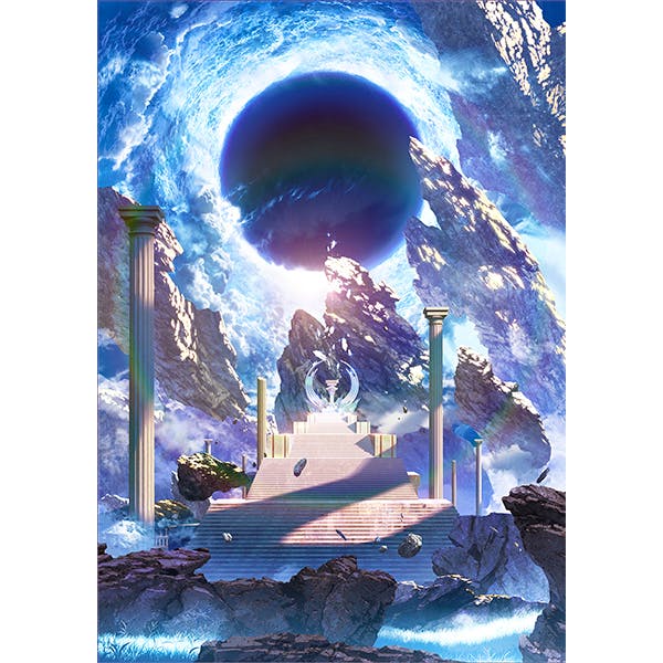Front cover art of the Fate/Grand Order Servant Art Works I book showing a stairway and pillars beneath a dark celestial orb.