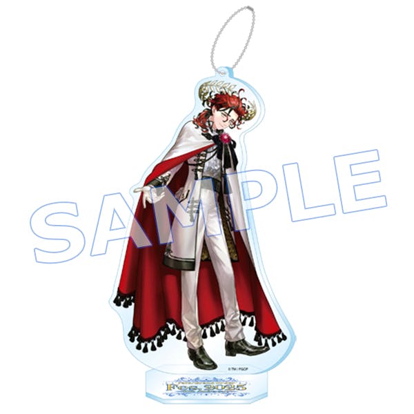 A single acrylic mascot stand showing a red-caped Servant character with an attached chain and display base.