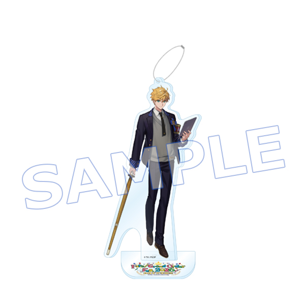 A single acrylic keychain mascot showing a blonde character holding a cane and tablet on a clear base with a hanging loop and SAMPLE watermark.