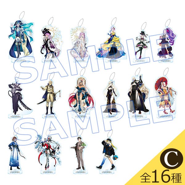 Sixteen acrylic mascot stands showing different servant illustrations arranged together with a SAMPLE watermark and a corner label indicating all 16 types.