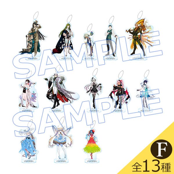 Thirteen acrylic mascot/standee charms showing different servant illustrations arranged on a white background with a SAMPLE watermark.