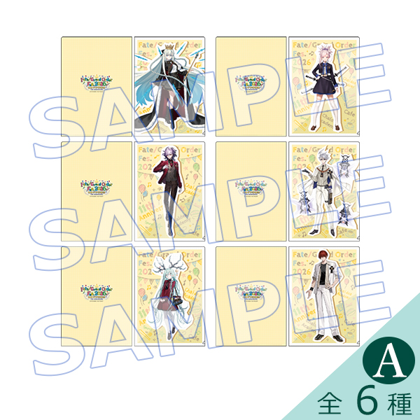Composite mockup showing all six A4 clear file folder designs with character illustrations and a large SAMPLE watermark.