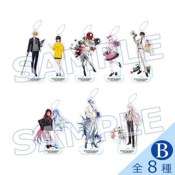 Eight illustrated acrylic mascot stand figures shown on individual bases in two rows with a SAMPLE watermark and a blue 'B' marker.