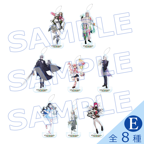 Eight acrylic character stand keychains shown together, each a full‑body illustrated mascot on a small base with a hanging ring.