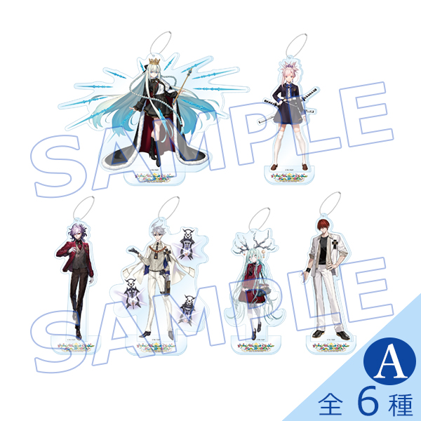 Six illustrated acrylic mascot stands (all six variants) shown together with a SAMPLE watermark.