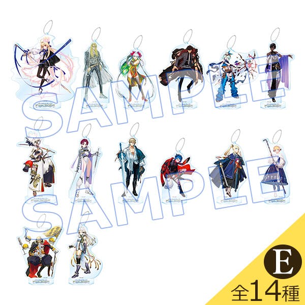 Fourteen illustrated acrylic mascot keychain stands of different Servant characters shown together on a white background with a SAMPLE watermark.
