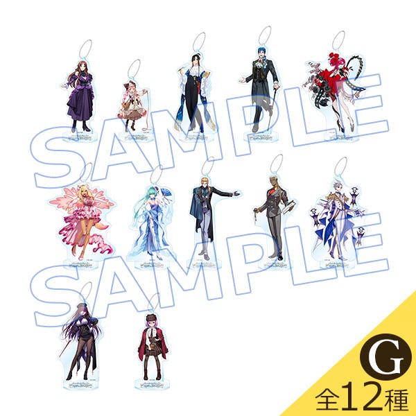 Twelve acrylic character stand keychain charms displayed together on a white background with large "SAMPLE" watermark.