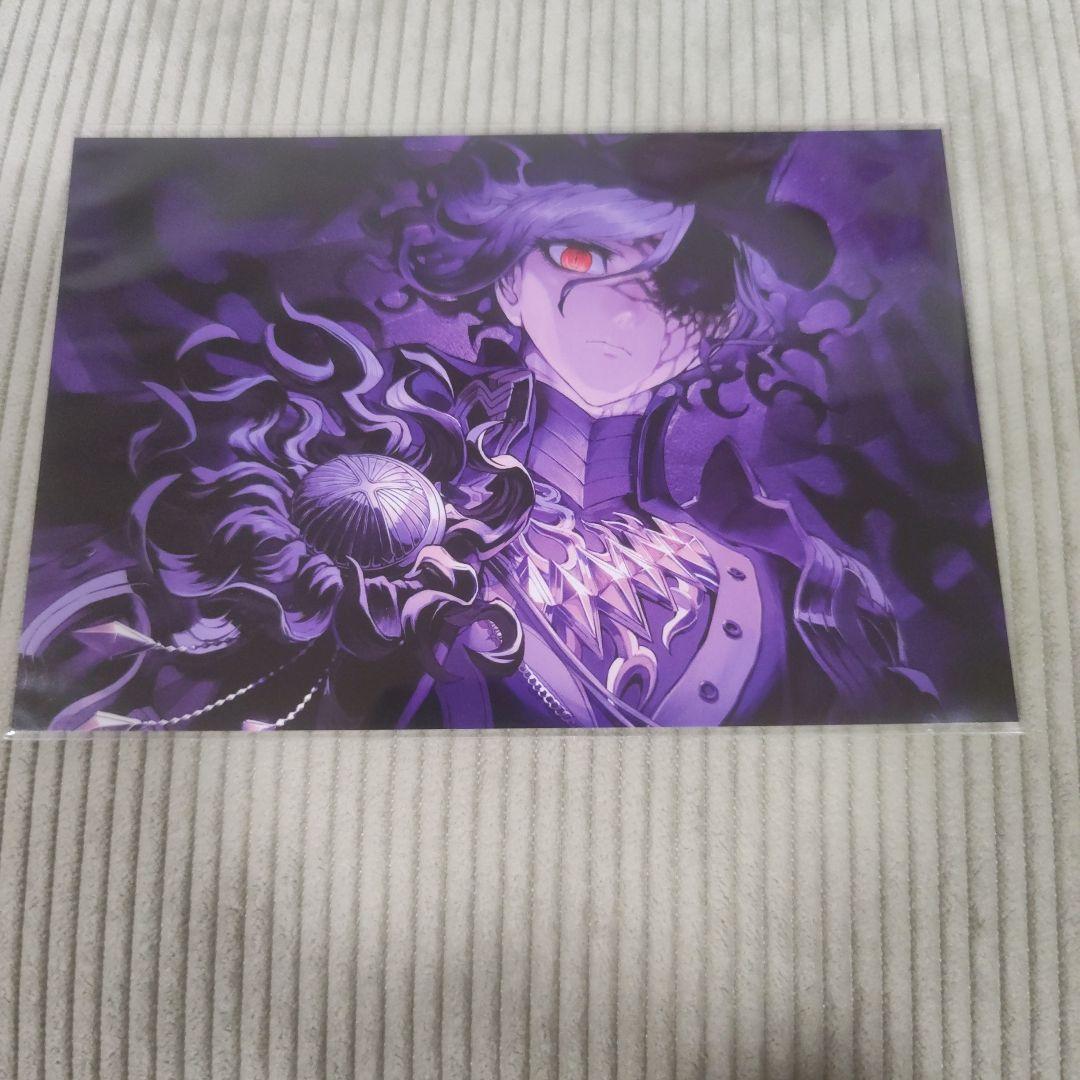 Photograph of the FGO "巌窟王" game-still postcard showing purple-toned character artwork on a ribbed fabric background.