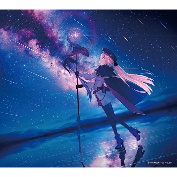 Illustration of a Fate/Grand Order character with long pink hair holding a staff beneath a starry sky and reflected surface.