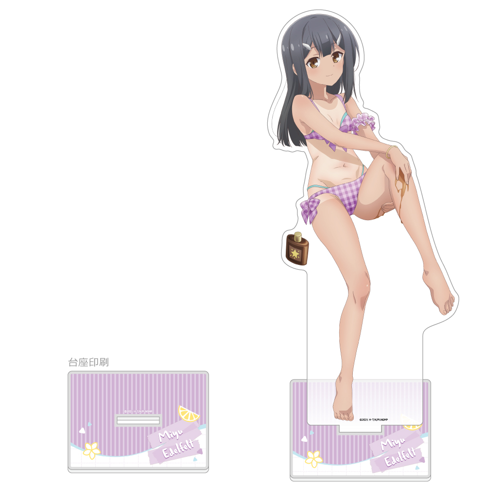 Acrylic character stand showing a Fate/kaleid liner character in a purple checkered bikini with a matching striped rectangular base.