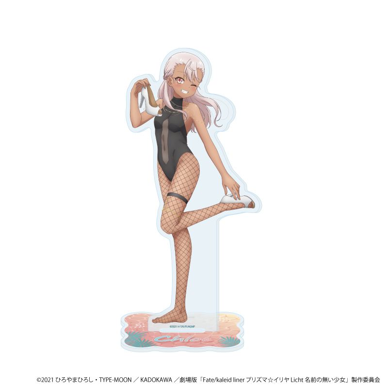 Acrylic stand showing the character クロエ in a black one-piece swimsuit with fishnet stockings on a decorative base.