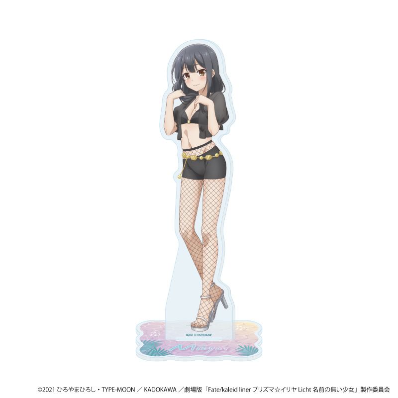 A full-length acrylic stand showing the character Miyu from the listed Fate/kaleid liner movie in a black outfit and fishnet stockings on a decorative base.