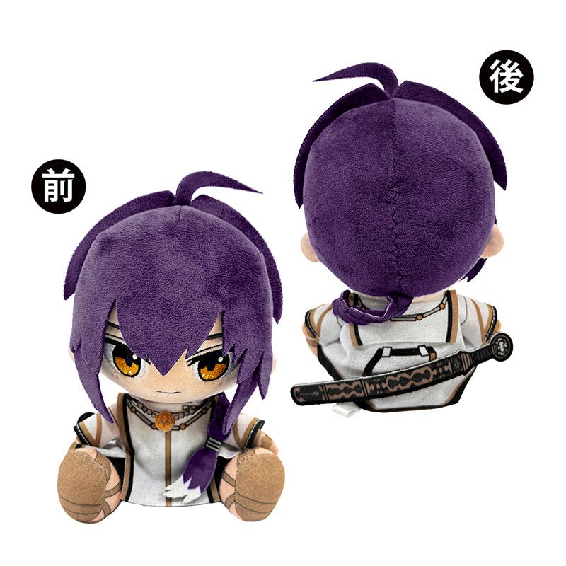 Front and back views of a purple‑haired Fate/Samurai Remnant セイバー plush toy.