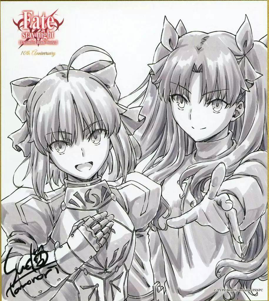 Grayscale mini shikishi art print depicting Saber (left) and Tohsaka Rin (right) from Fate/stay night.