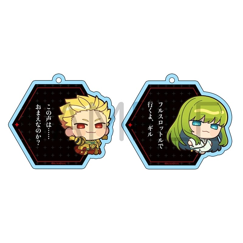 Two hexagonal acrylic keychain designs showing chibi Archer and Lancer characters with Japanese text on a black patterned background.