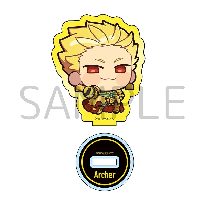 Chibi deformed acrylic stand illustration of Archer from Fate/strange Fake shown with its round display base labeled "Archer" on a white background.