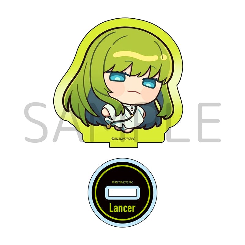 Deformed acrylic stand depicting Lancer from Fate/strange Fake and its round base labeled "Lancer".