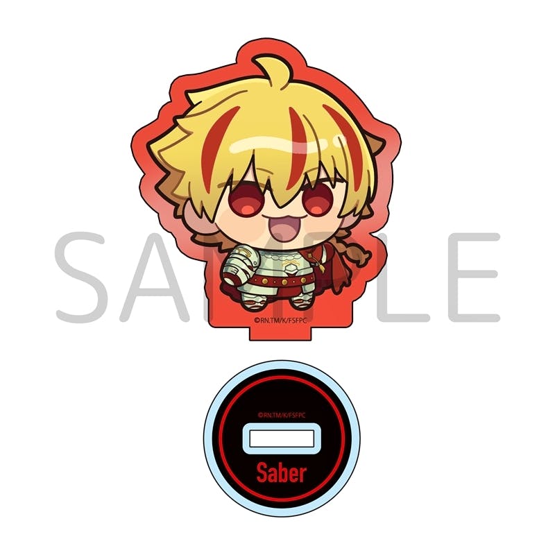 Chibi-style acrylic stand of Saber from Fate/strange Fake with its circular base on a white background.