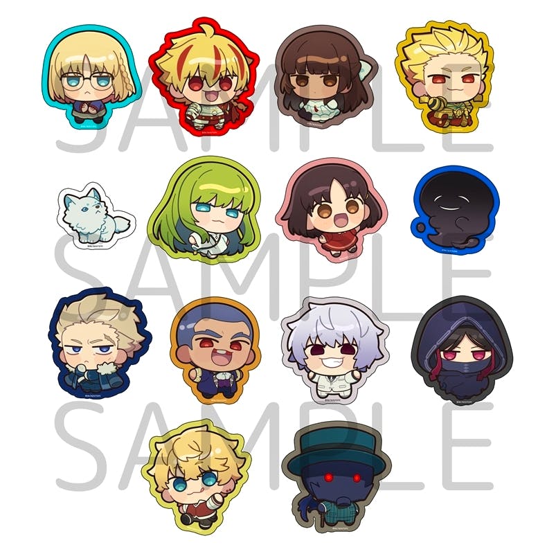 Sheet of multiple chibi-style Fate/strange Fake stickers arranged in rows, shown with a SAMPLE watermark.