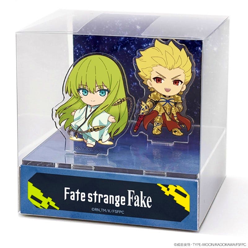 Clear boxed acrylic decorative stand showing chibi Archer and Lancer mini-character figures from Fate/strange Fake.