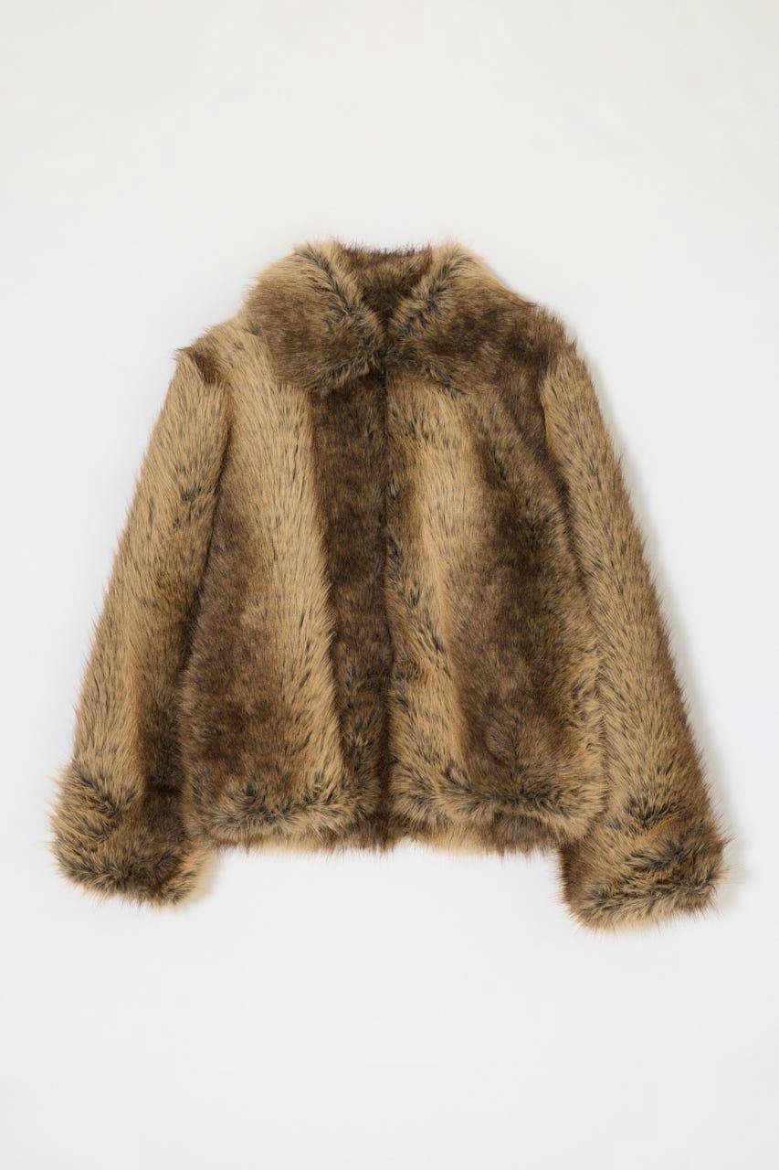 Front view of a brown faux fur women's jacket laid flat on a white background.