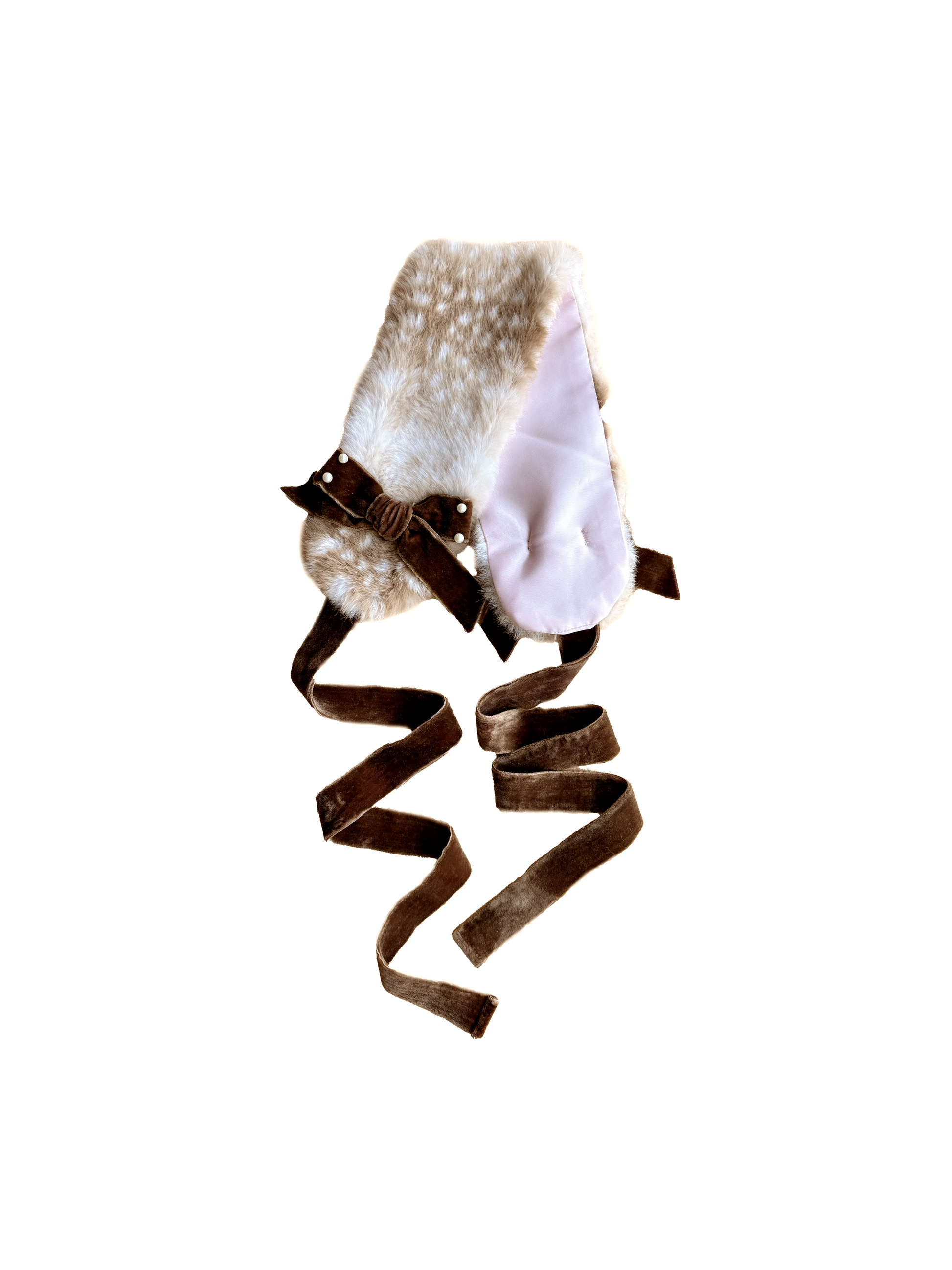 Fawn-pattern headdress and muffler with long brown ribbons and pale inner lining.