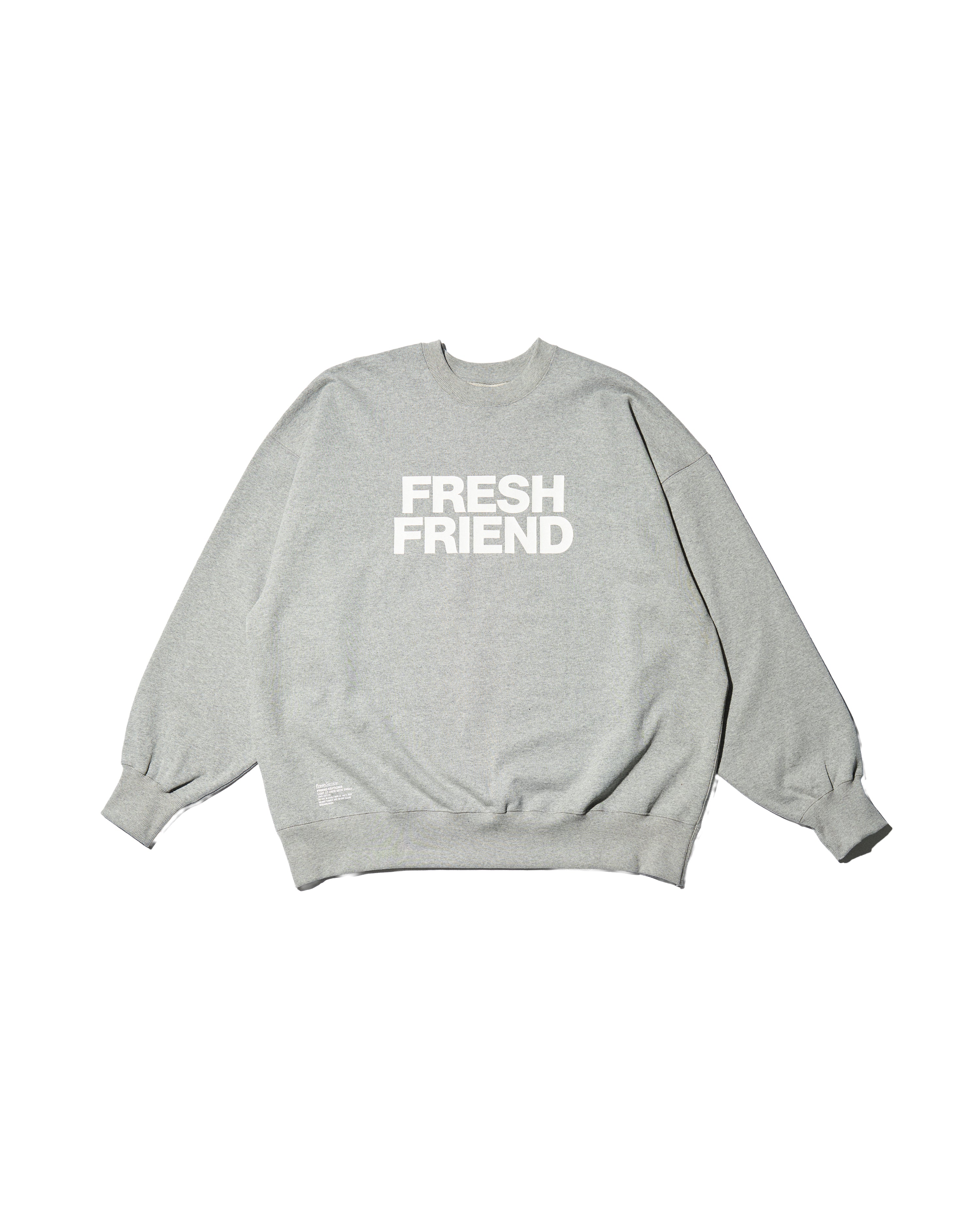 Grey crew neck men's sweatshirt laid flat with large "FRESH FRIEND" text printed on the front.
