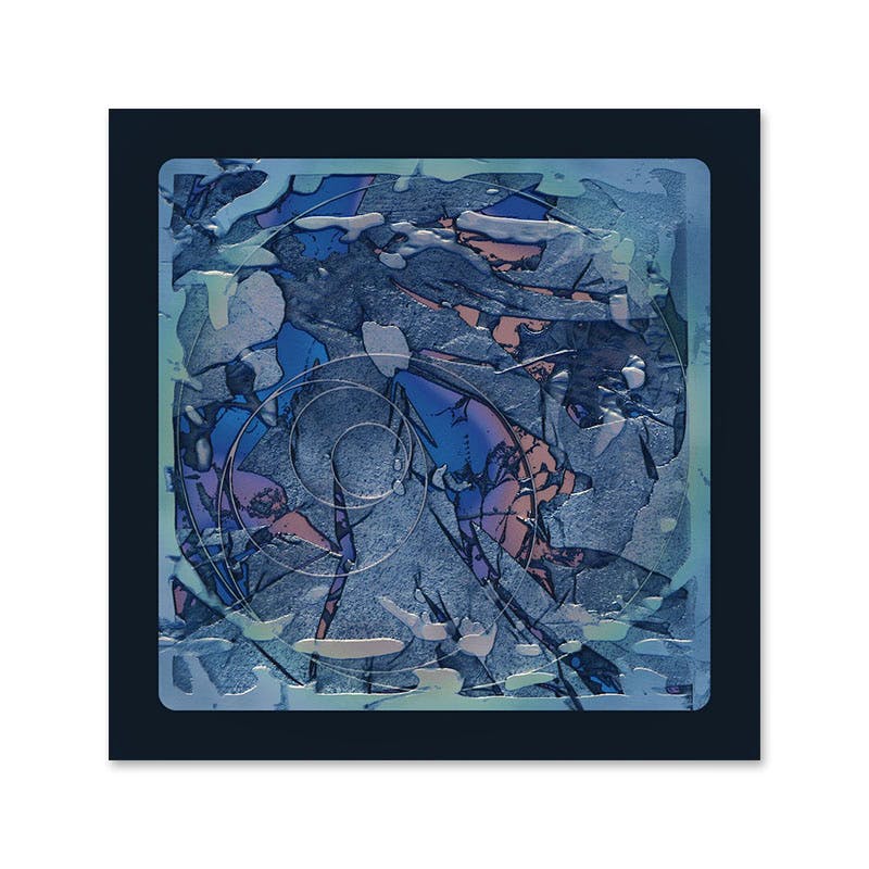 Cover art for the vinyl EP showing an abstract blue and teal textured square design with overlapping circular line patterns.