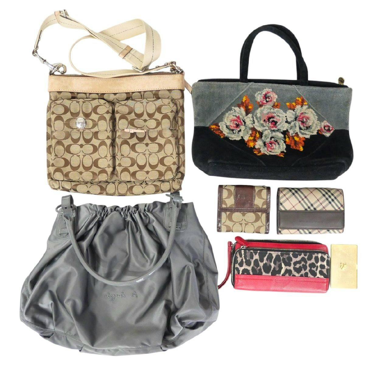 Seven bags and wallets arranged on a white background, including a Coach signature canvas shoulder bag, a floral tapestry tote, a gray tote bag, and several wallets plus a red leopard-print pouch.