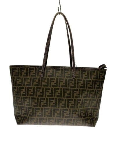 Front view of a brown PVC tote bag with a repeating ズッカ (Zucca) pattern and two top shoulder straps.