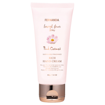 Front-facing pink tube of Fernanda Fragrance Rich Hand Cream labeled Pink Cosmos.