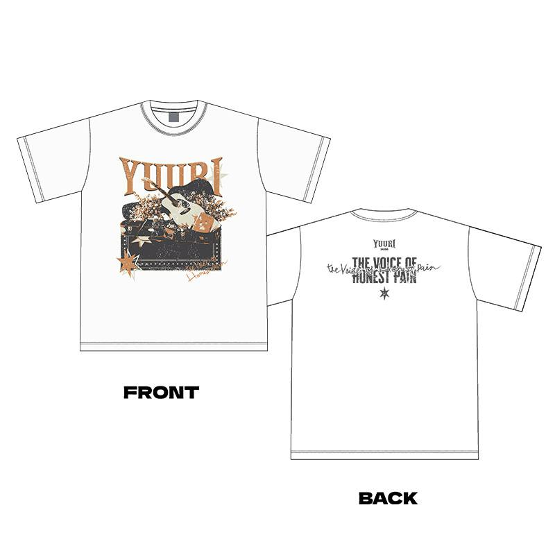Illustration showing the front and back of the white Fes T-shirt 2026 August 29 with a printed graphic on the front and text on the back.