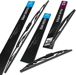 Three black windshield wiper blades (front and rear 3-piece set) displayed on black backing cards.
