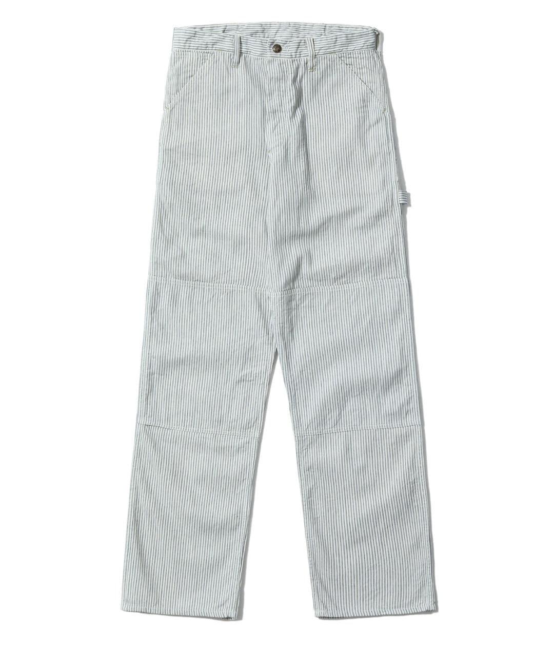 Front view of the men's indigo stripe cotton work pants laid flat on a white background.