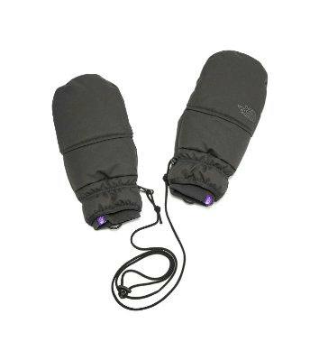 A pair of dark mitten-style gloves connected by a cord on a white background.