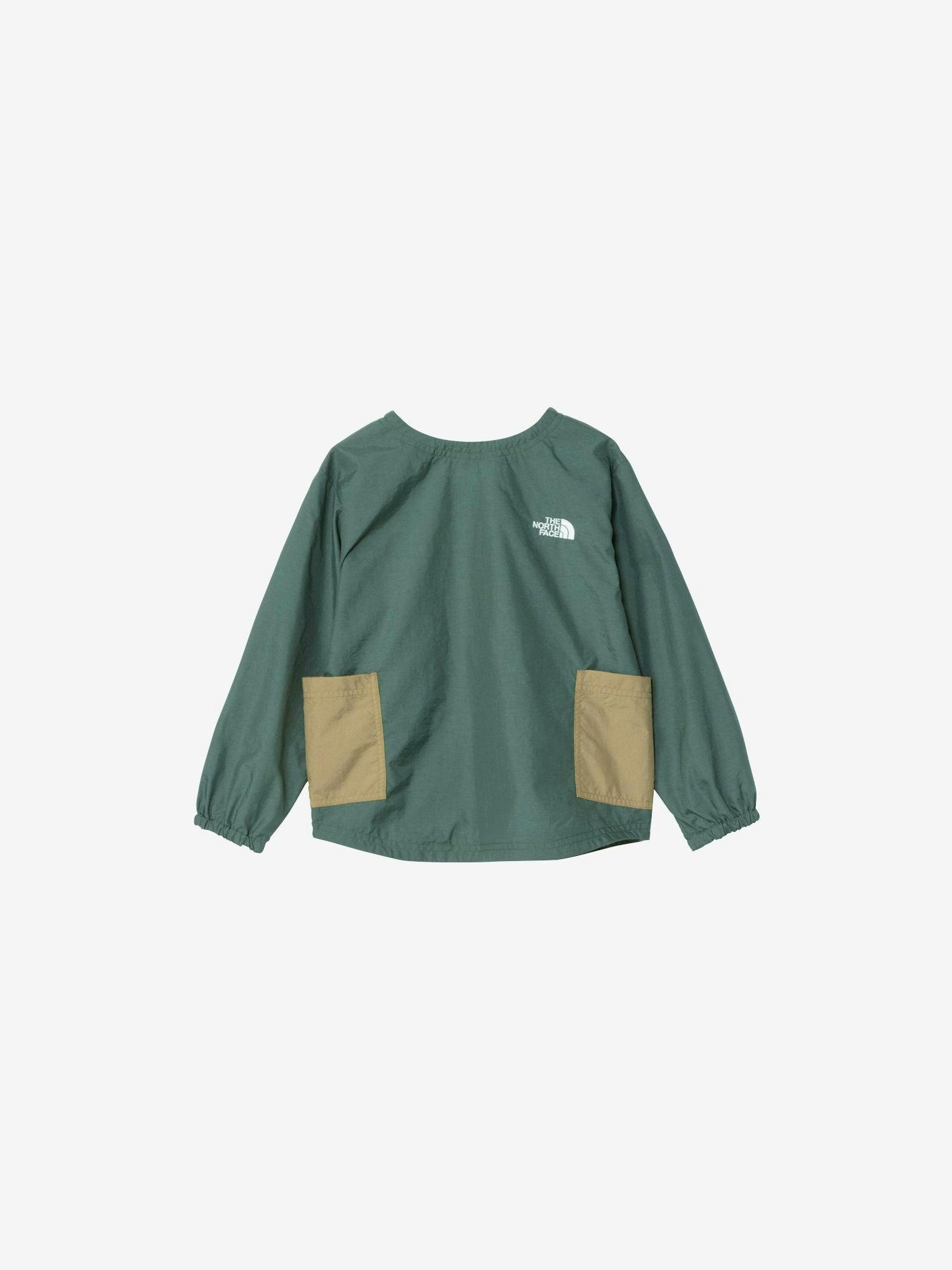 Green children's field smock (toddler) with two tan front pockets and a small white chest logo on a white background.