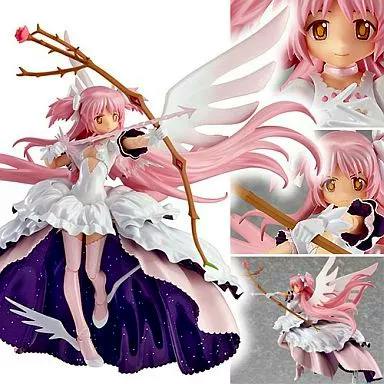 Multiple views of a figma Ultimate Madoka figure in a white dress holding a bow.
