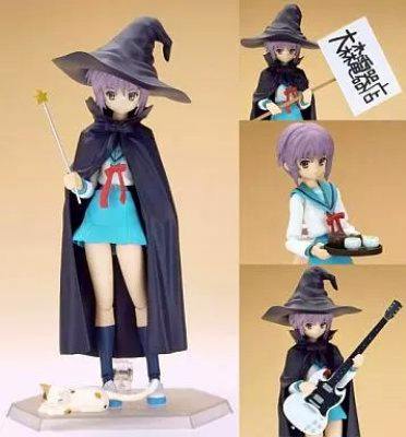 Multiple photos of a figma plastic figure of Nagato Yuki in a witch outfit with hat, cape, wand, guitar, and food tray accessories.