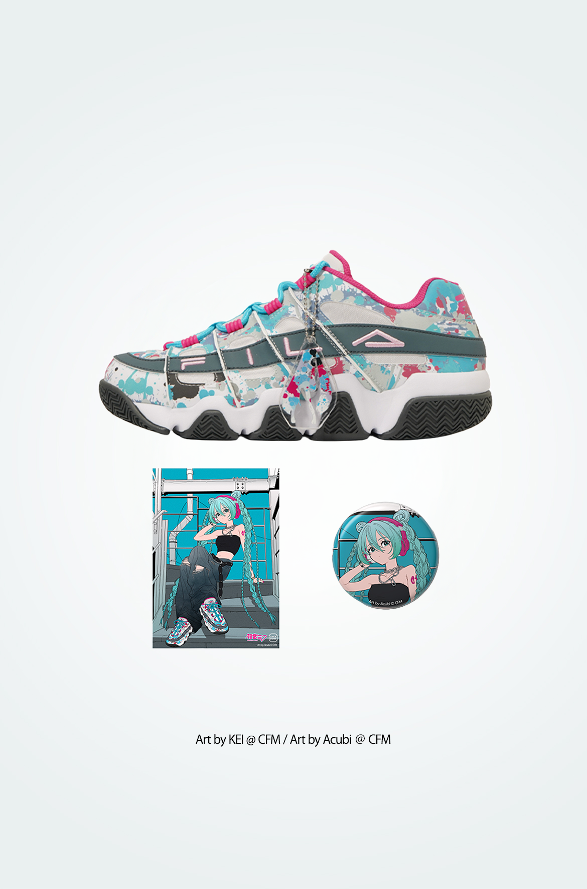 Left-side view of a FILA BARRICADE XT97 x Hatsune Miku sneaker in the collaboration colorway with two collectible Hatsune Miku art items shown below.