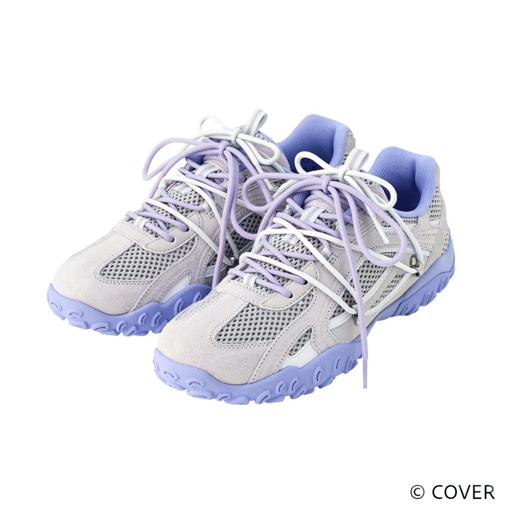 Pair of FILA ECHAPPE MS LC × TODOROKI HAJIME sneakers in light gray mesh and suede with lavender soles and laces on a white background.