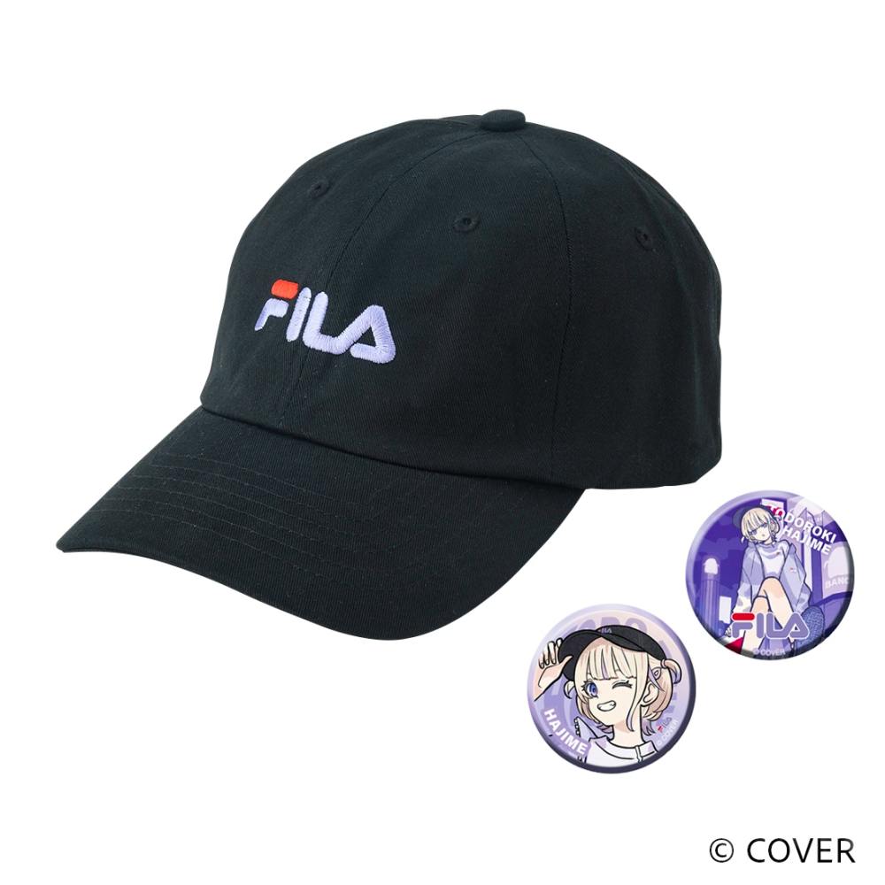 A black FILA baseball cap with embroidered FILA logo shown with two TODOROKI HAJIME button badges.