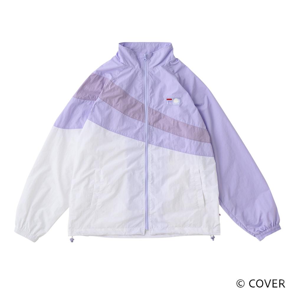 Front view of the FILA × Todoroki Hajime men's nylon track jacket in lavender and white with diagonal color panels and a full zip.