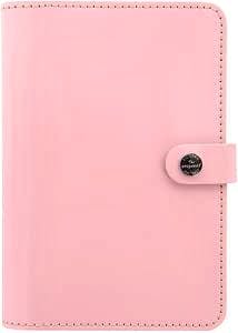 Front view of a Filofax Original Personal Organizer Bible patent rose cow leather cover with snap closure.