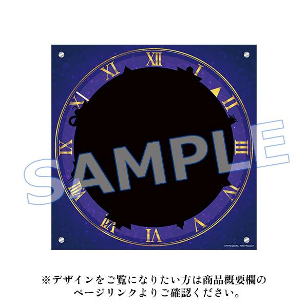 Square acrylic clock panel with a purple circular face showing Roman numerals and a central black silhouette overlaid by the word "SAMPLE".