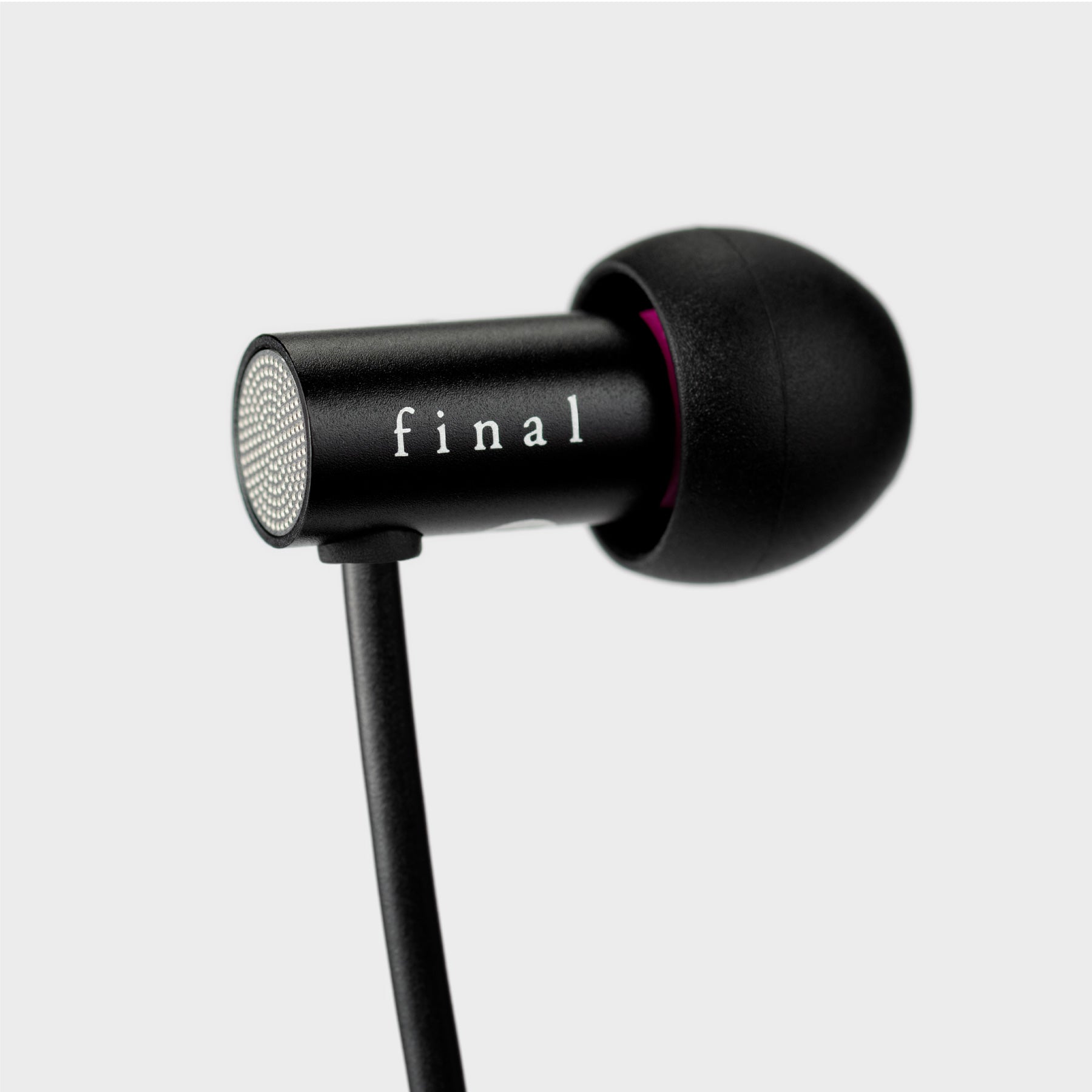 Close-up of a black E2000/E2000C earphone earbud showing the metal housing with the "final" logo and a black silicone tip.